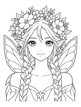 An anime fairy coloring page featuring braided hair, pointed ears, and a crown of blooming flowers.