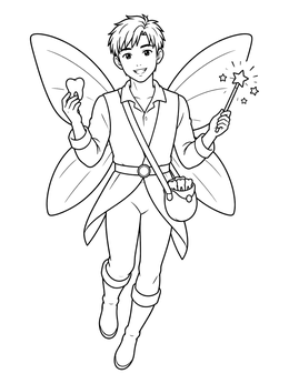 An anime fairy coloring page of a winged boy holding a tooth and magic wand.