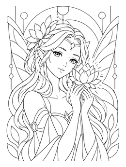 An anime fairy coloring page featuring an elegant winged maiden holding a radiant lotus flower.