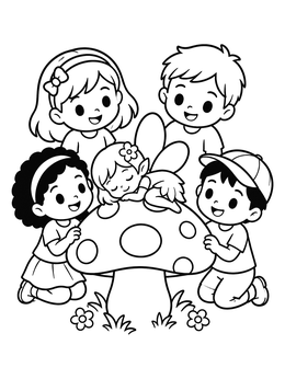 Free printable Children Watching Sleeping Mushroom Fairy coloring page