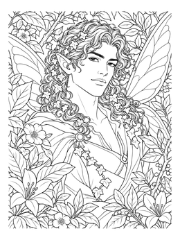 An anime fairy coloring page featuring an elf with wings surrounded by foliage.