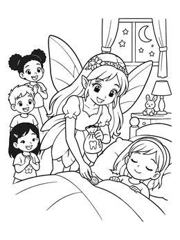 Free printable Tooth Fairy Visiting Sleeping Child coloring page