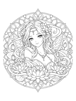 An intricate anime fairy coloring page framed by blooming water lilies and ribbons.