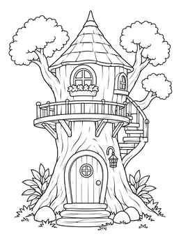 An anime fairy coloring page of an enchanting wooden treehouse tower with stairs.