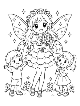 Free printable Cute Anime Fairy With Happy Children coloring page