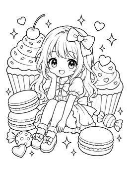 Free printable Chibi Girl With Giant Sweet Desserts coloring page
