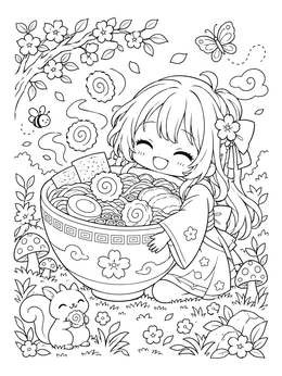 Free printable Cute Anime Girl With Giant Ramen Bowl coloring page