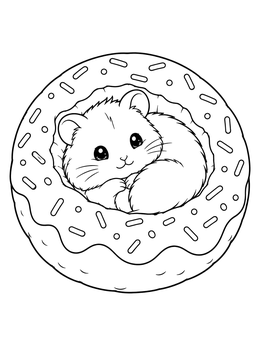 A sweet anime food coloring page showing a tiny hamster nestled in a sprinkled donut.