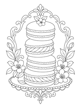 A tall macaron stack inside an ornate floral frame as an anime food coloring page.