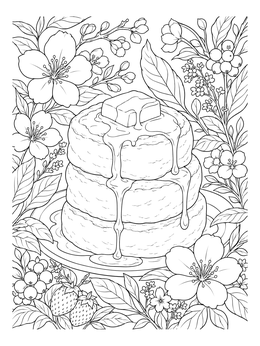 Fluffy Japanese souffle pancakes framed by cherry blossoms in an anime food coloring page.