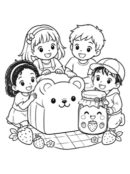 Free printable Kids With Bear Bread And Jam coloring page
