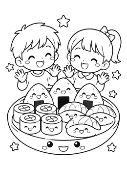 Free printable Happy Kids With Cute Sushi Platter coloring page