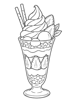 A delicious tall parfait in an anime food coloring page with fruit slices and swirl.