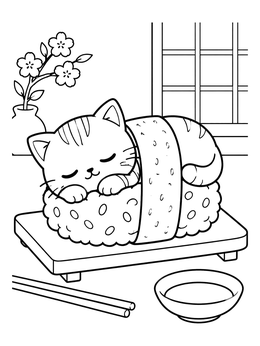 Free printable Sleeping Kitten Sushi On Wooden Platter coloring page