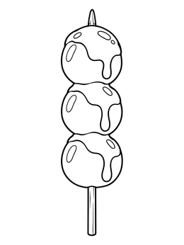 Delicious skewered sweet dumplings in an anime food coloring page.