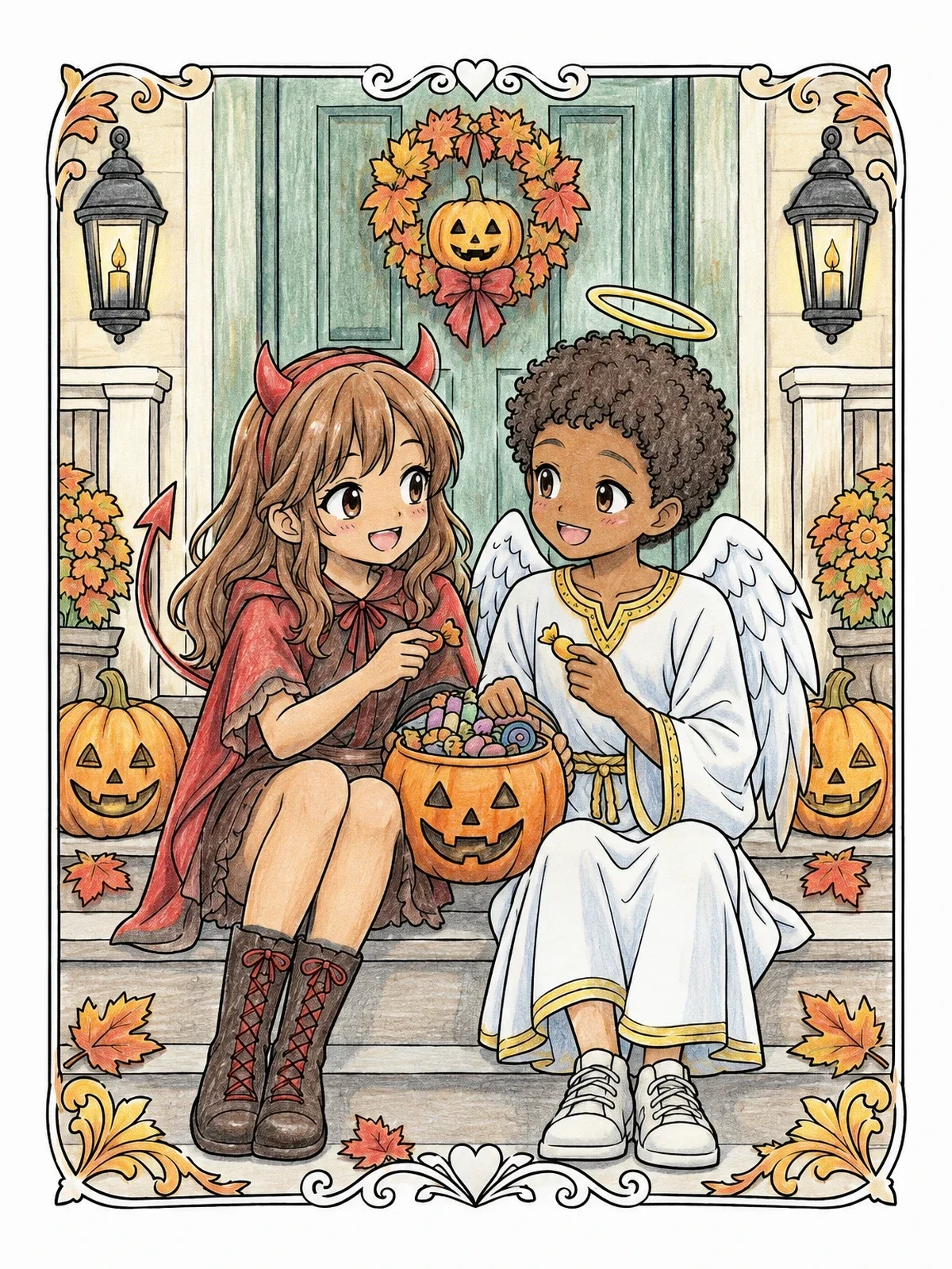 Colored example of the Anime Friends Sharing Halloween Treats coloring page