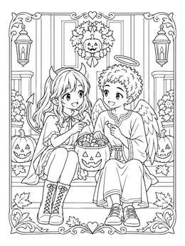 Two friends in angel and devil costumes on an anime halloween coloring page.