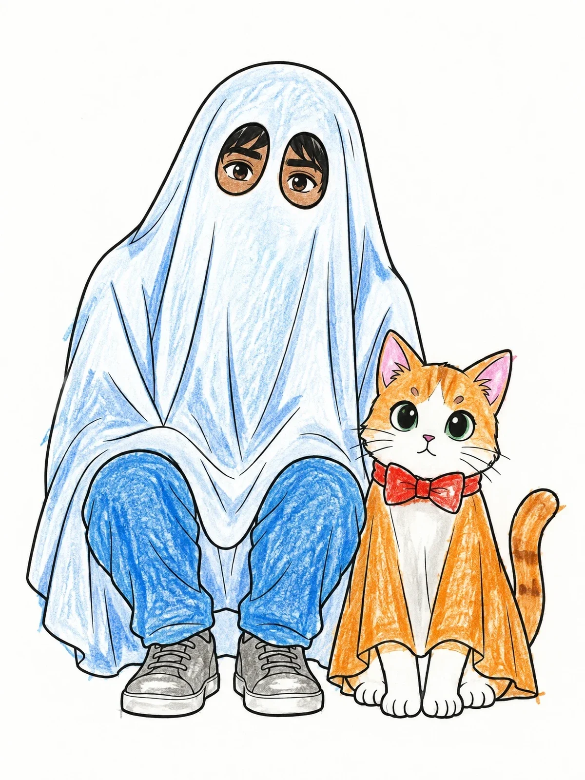 Colored example of the Anime Ghost Costume With Dressed Up Cat coloring page