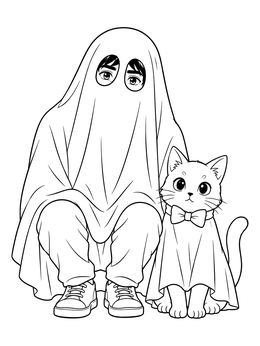 An anime halloween coloring page featuring a boy in a sheet ghost costume crouching next to a cat in a bow tie.