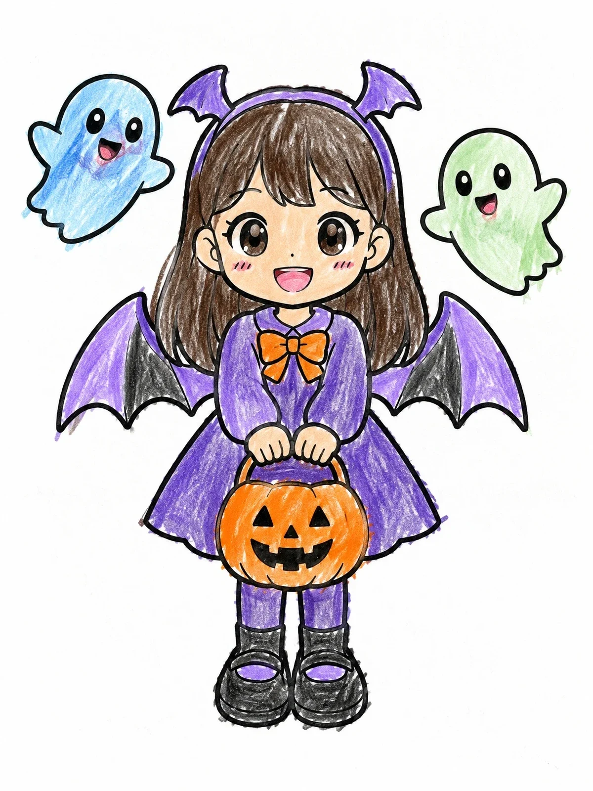 Colored example of the Cute Anime Girl With Bat Wings coloring page