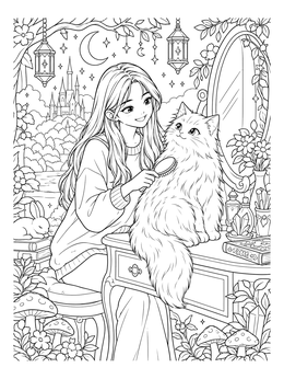 Free printable Anime Girl Brushing Fluffy Cat coloring page
