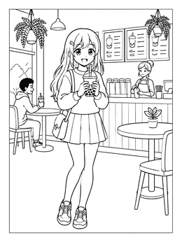 Free printable Anime Girl At Bubble Tea Cafe coloring page
