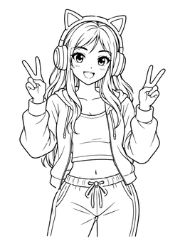 An anime girl coloring page featuring a cheerful teen giving peace signs while wearing cat ear headphones.