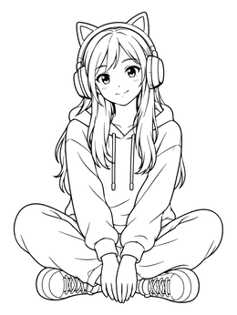 A cozy anime girl coloring page featuring a smiling teen in a hoodie wearing cat ear headphones.
