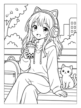 Free printable Anime Girl With Cat Headphones And Boba coloring page