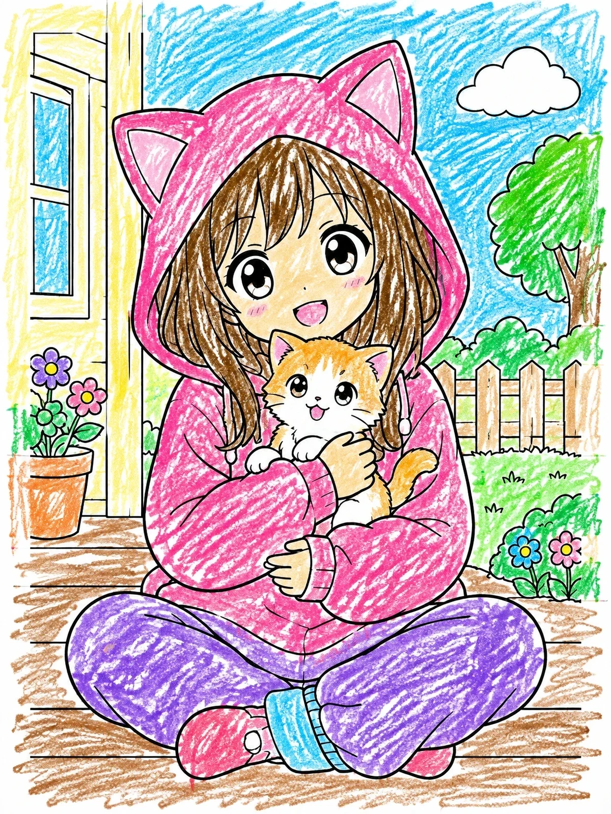 Colored example of the Anime Girl Cuddling Kitten Outside coloring page