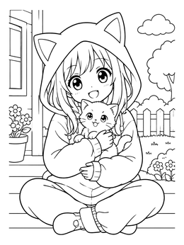 Free printable Anime Girl Cuddling Kitten Outside coloring page