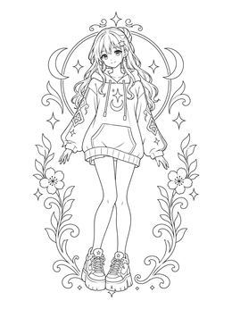 An anime girl coloring page featuring a full body pose in an oversized hoodie with platform sneakers.