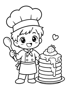 A cheerful anime girl coloring page featuring a chibi baker standing next to a stack of pancakes.