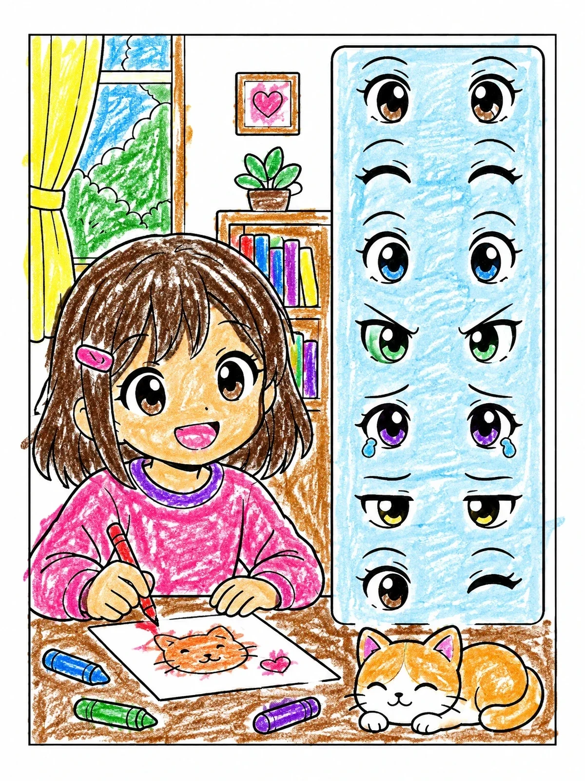 Colored example of the Anime Girl Drawing With Eye Expressions coloring page