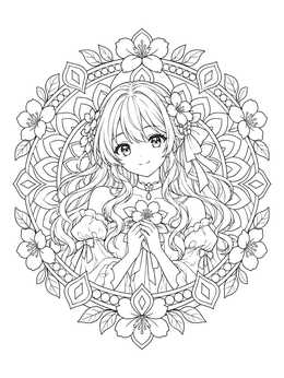 An anime girl coloring page featuring a young woman framed by an intricate floral mandala.