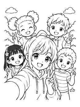 Free printable Anime Girl Group Selfie With Friends coloring page