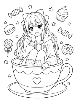 An anime girl coloring page featuring a cute girl sitting inside a teacup surrounded by sweets.