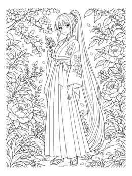 An intricate anime girl coloring page featuring a woman in hakama surrounded by blooming flowers.