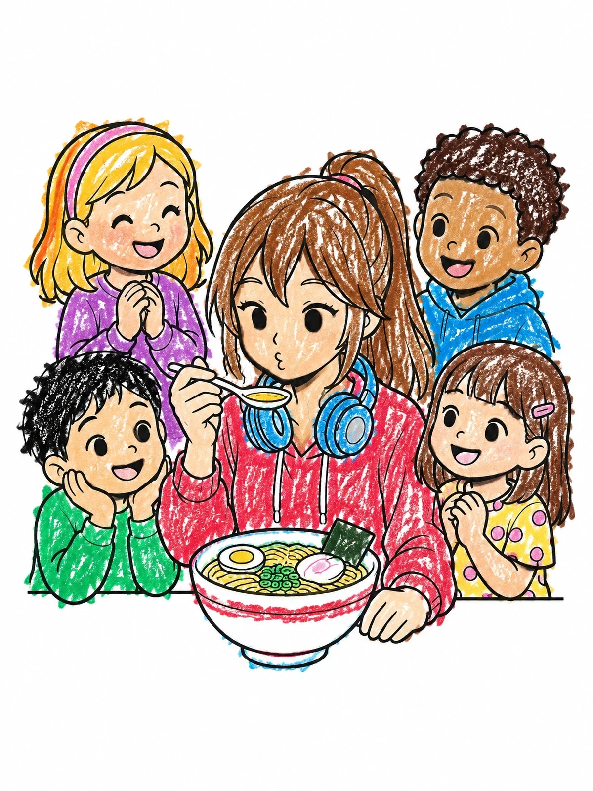 Colored example of the Anime Girl Sharing Ramen With Kids coloring page
