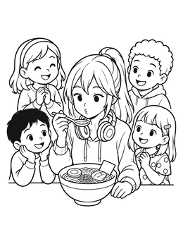 An anime girl cools her noodles in this lively ramen coloring page surrounded by happy kids.
