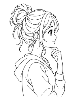 An anime girl coloring page featuring a profile view with a high messy bun.