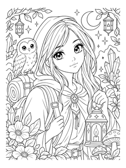 An enchanting anime girl coloring page featuring a hooded traveler with an owl and lantern under the moon.