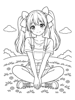 Happy anime girl coloring page featuring a girl with pigtails sitting in a grassy meadow.