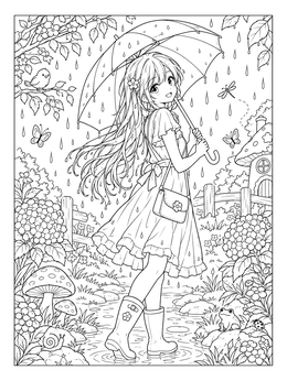 An anime girl coloring page featuring a cheerful girl with an umbrella walking in the rain.