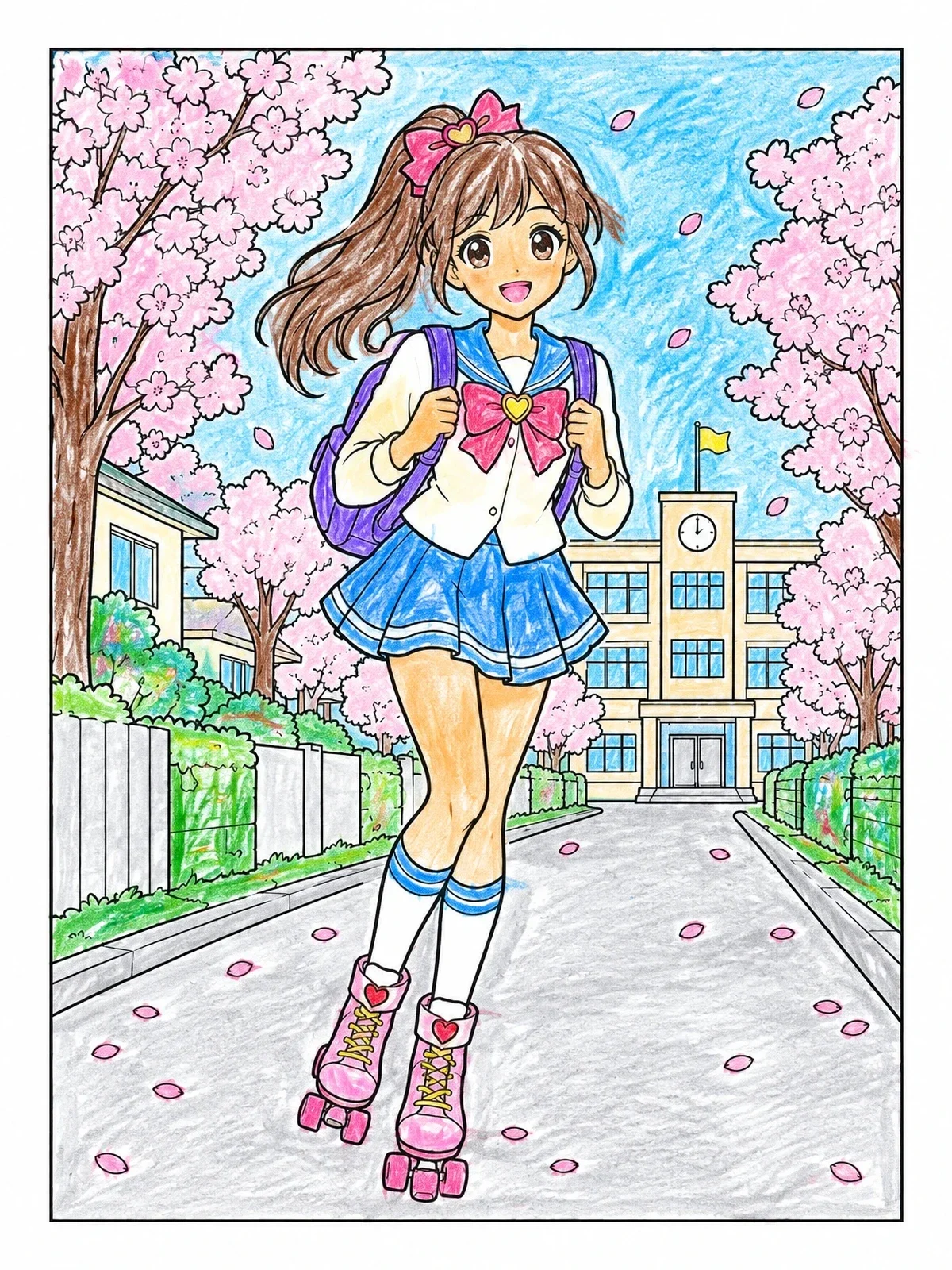 Colored example of the Anime Schoolgirl Roller Skating Past Cherry Blossoms coloring page