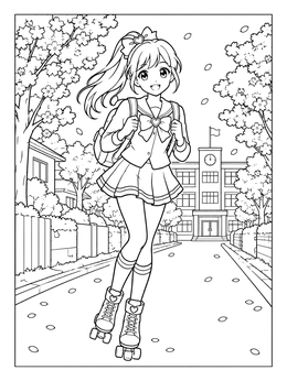 A cheerful anime girl roller-skates along a path in this sakura coloring page.