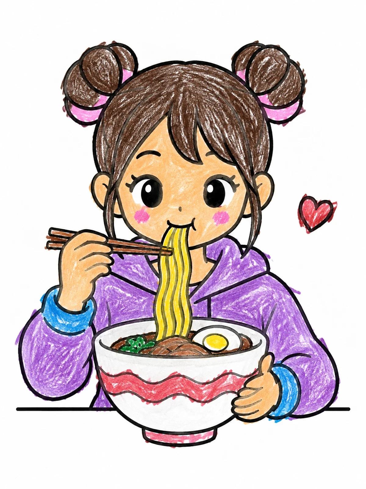 Colored example of the Anime Girl Slurping Delicious Ramen coloring page