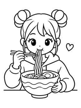 A cute anime girl slurps noodles from a bowl in this ramen coloring page.