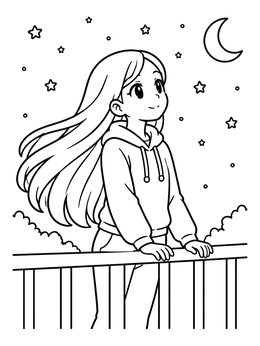Free printable Anime Girl On Starry Balcony coloring page