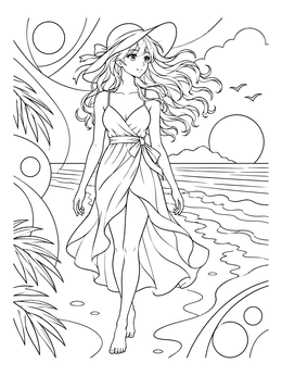 An anime girl coloring page featuring a young woman walking on the beach at sunset.